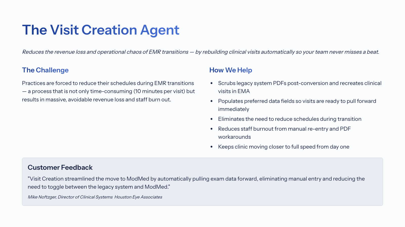 The Visit Creation Agent slide from Revival Health